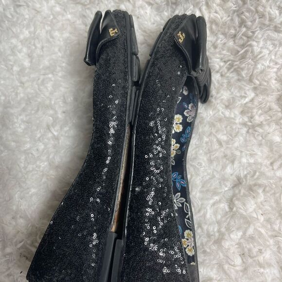 Tory Burch Divine Bow  black Sequin Leather Flats with front bow accent Size 11 - Picture 8 of 10